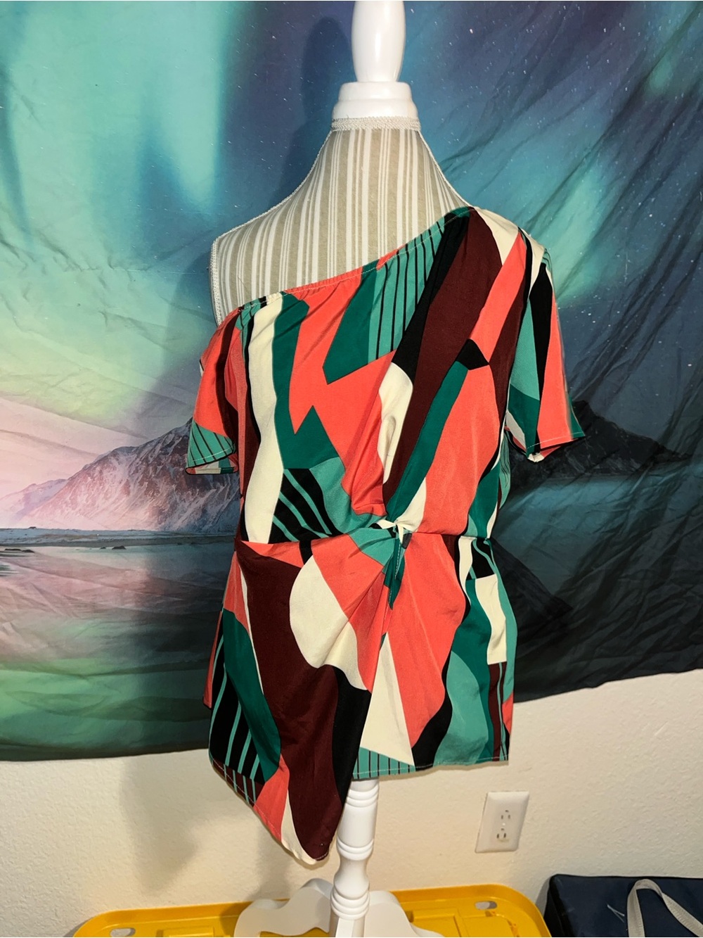 One-Shoulder Abstract Print Top - Coral, Teal, Cream & Burgundy